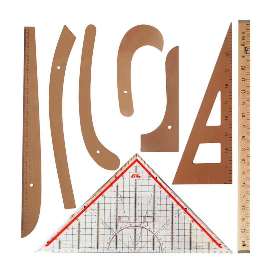 8 Parça Set - 6 Parça Plastik Riga Seti, 1 Metre Tahta Cetvel ve Modelist Gönyesi -