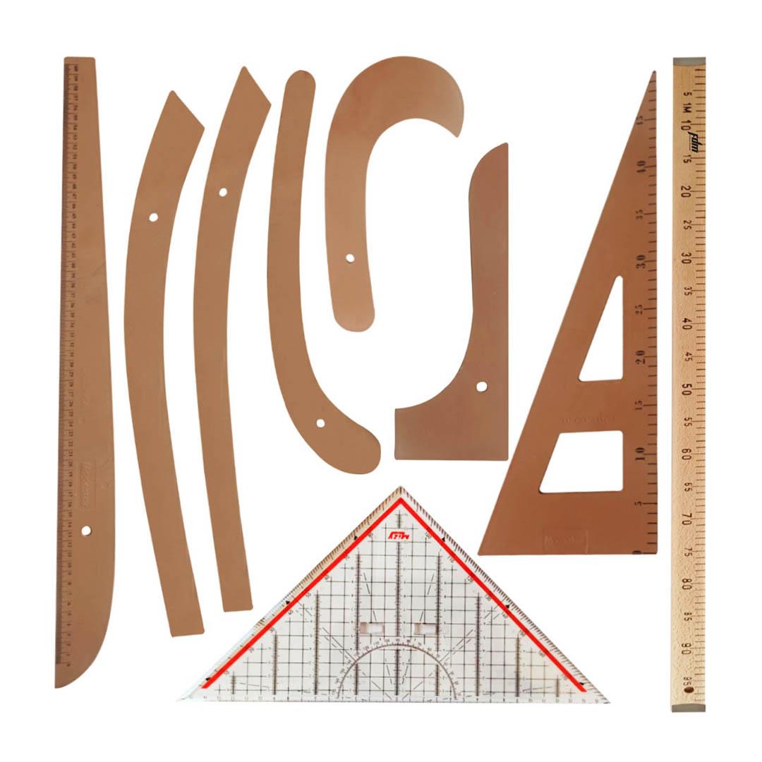 9 Parça Set - 7 Parça Plastik Riga Seti, 1 Metre Tahta Cetvel ve Modelist Gönyesi - Riga Takımı